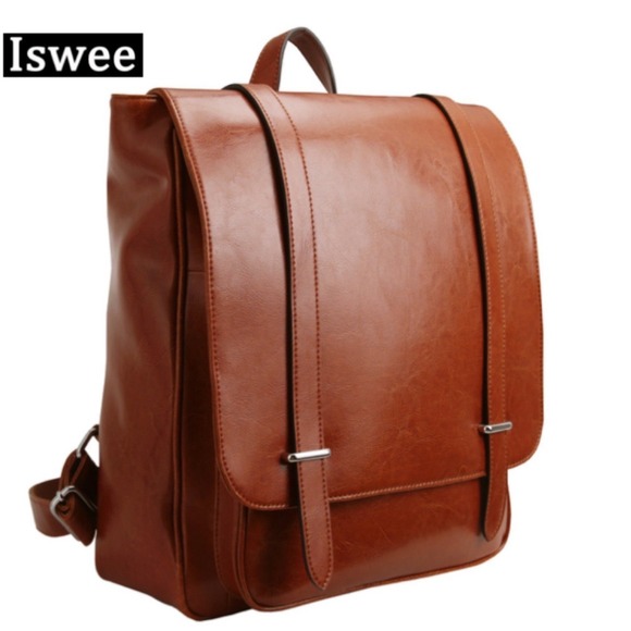 Iswee Handbags - Iswee Cognac Brown Leather Laptop Backpack Unisex Flapover Satchel Bag 14 Inch